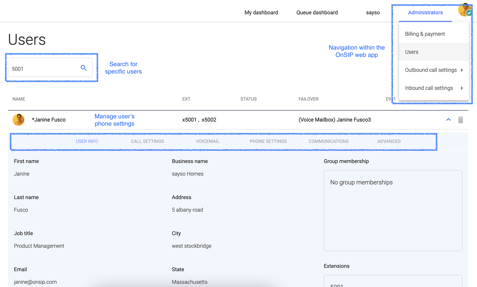 SIP account credentials displayed in the OnSIP web app.