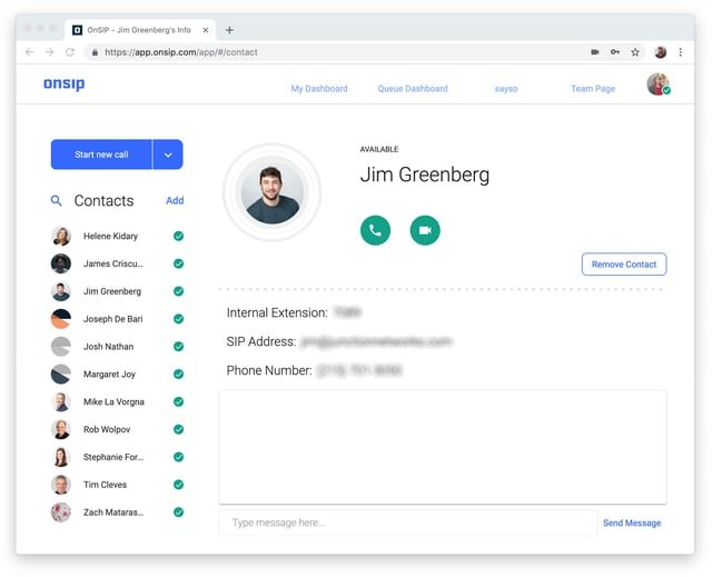 A coworker's contact info page in the OnSIP softphone app