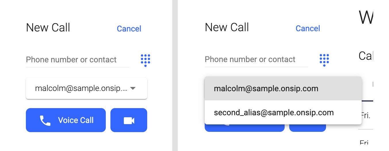 Your multiple SIP aliases can be found in a dropdown menu in the OnSIP app.